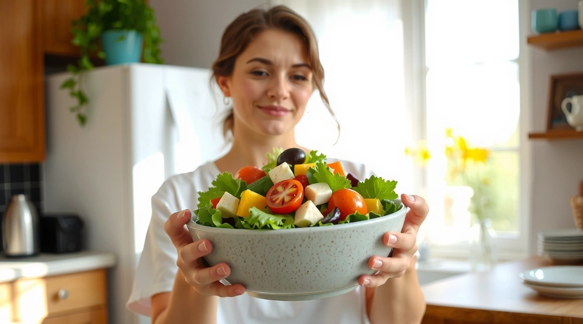Person genießt achtsam eine Mahlzeit mit frischen Zutaten
