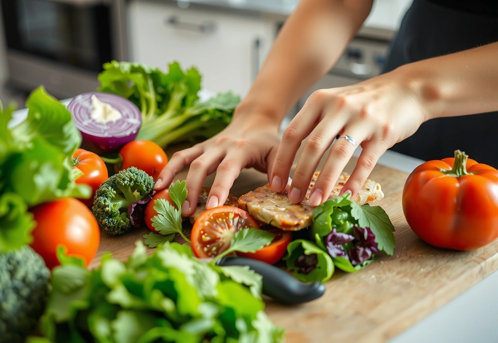 Person bereitet gesunde Mahlzeit zu, Fokus auf frische Zutaten